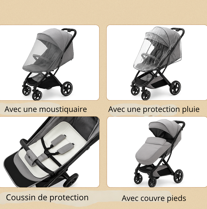 Poussette canne compacte et confortable – 3 coloris : bleu, noir, gris.
