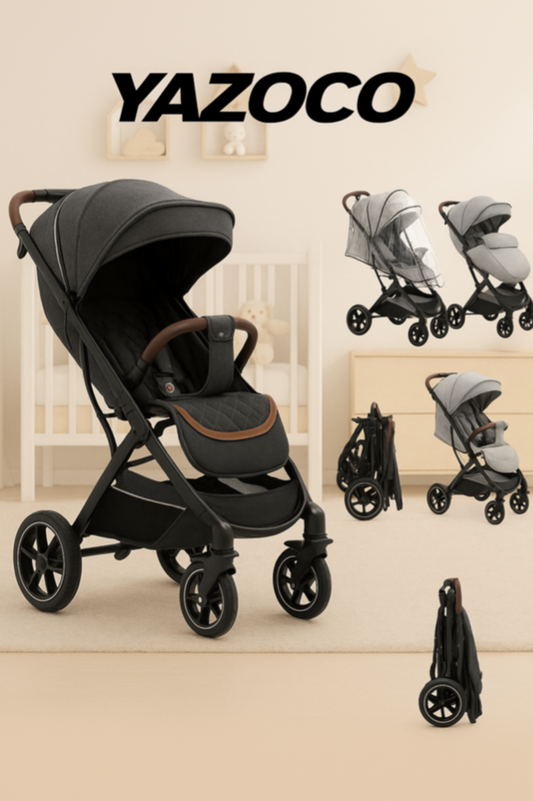 Poussette canne compacte et confortable – 3 coloris : bleu, noir, gris.